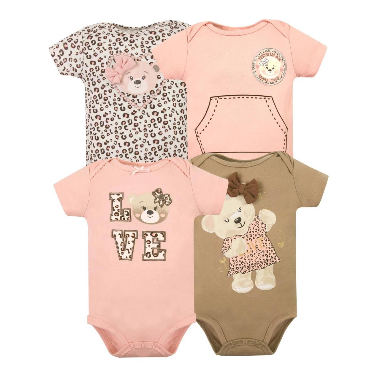 BODYS BEBE MANGA CORTA ALGODON SET 4 UNIDADES OSITO NIÑA