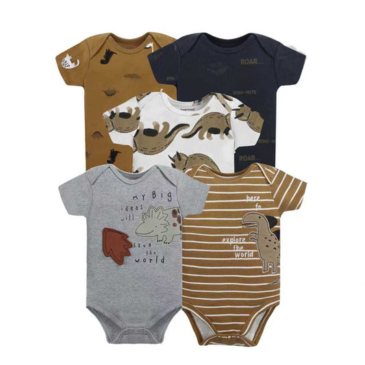 BODYS BEBE  MANGA CORTA ALGODON SET 5 UNIDADES DINOSAURIO CAFE