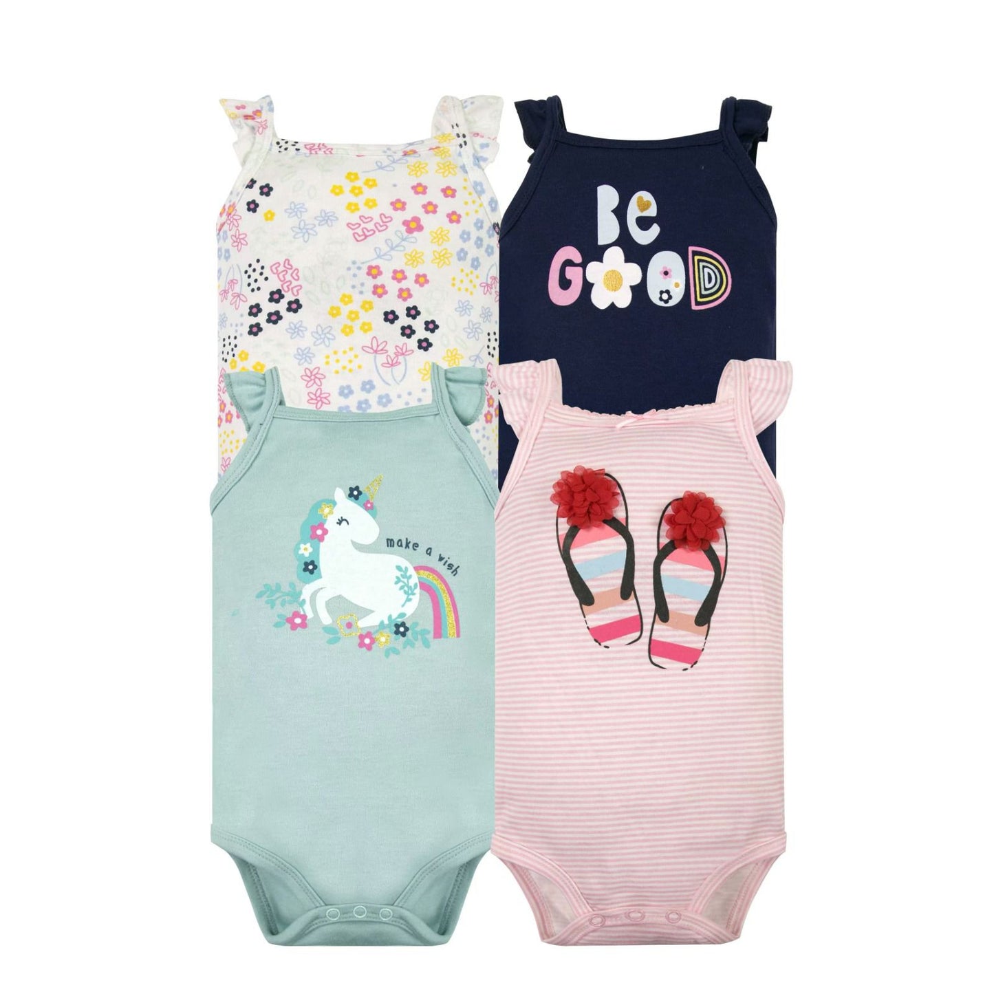BODYS BEBE  MANGA CORTA ALGODON SET 4 UNIDADES SANDALIAS