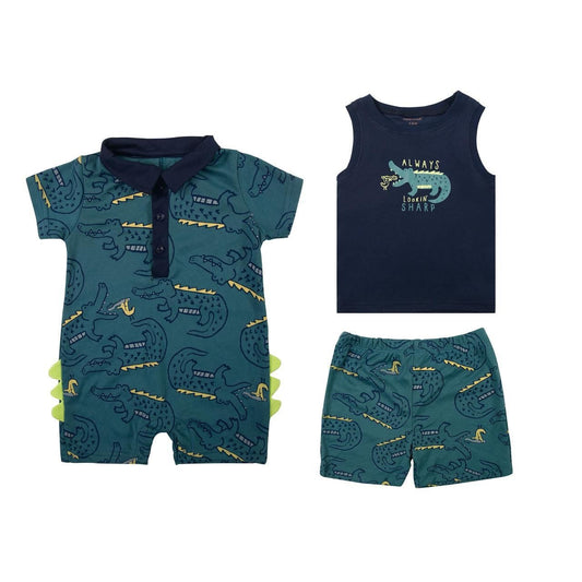 conjunto short y polera +enterito algodon niño cocodrilo