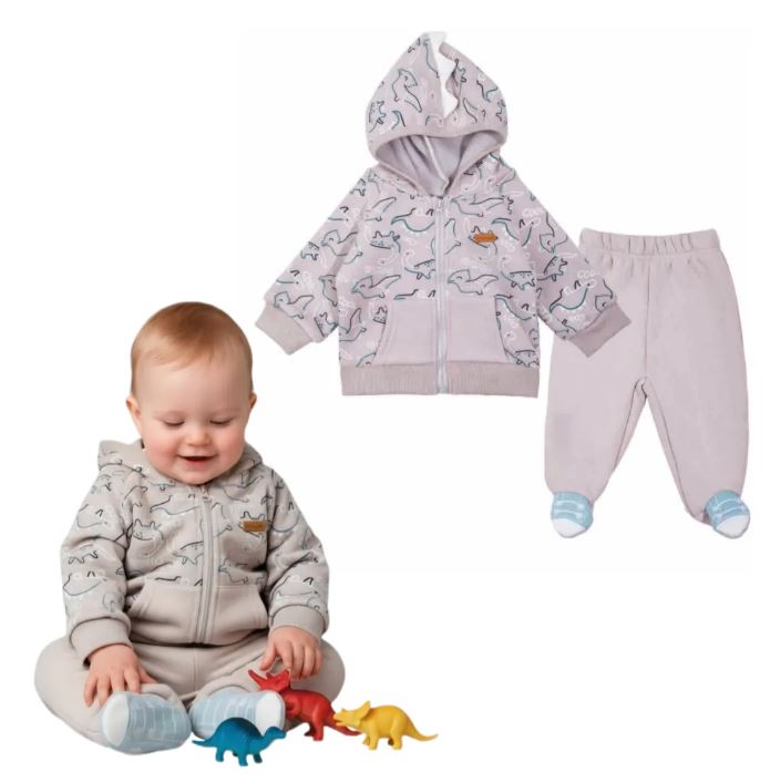 conjunto bebe algodon afranelado dinosaurio gris con capucha